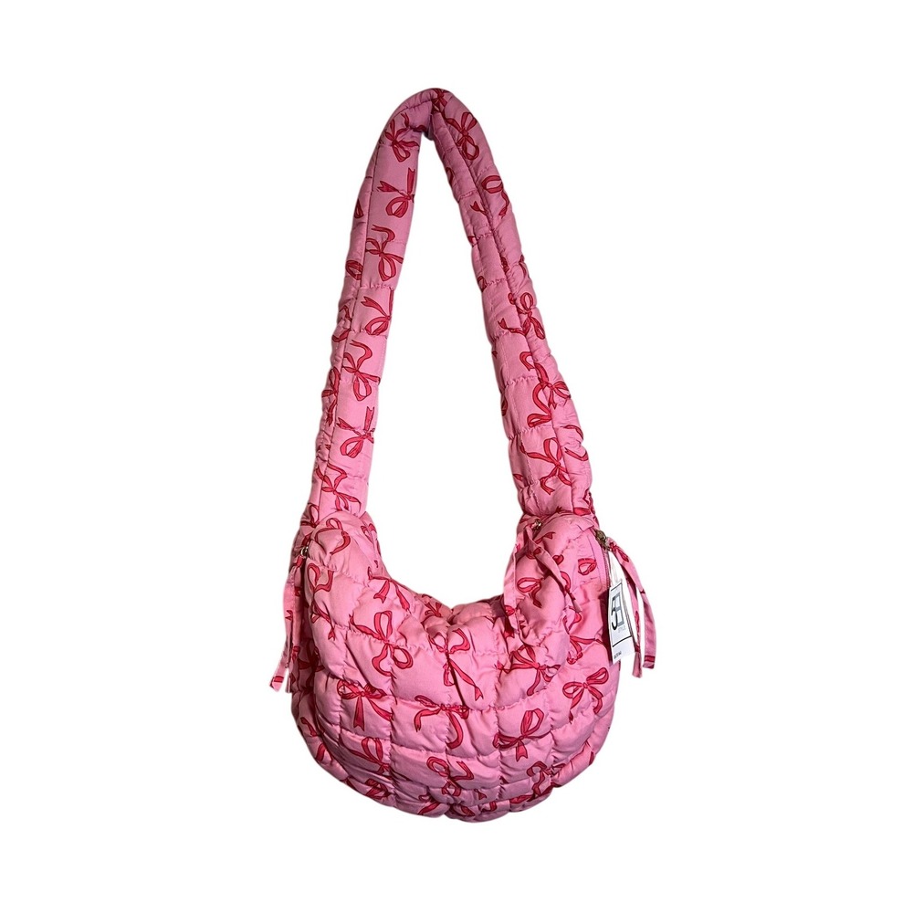 New Pink Quilted Bow Print Hobo Shoulder Bag Puffy Coquette Balletcore RN 163199